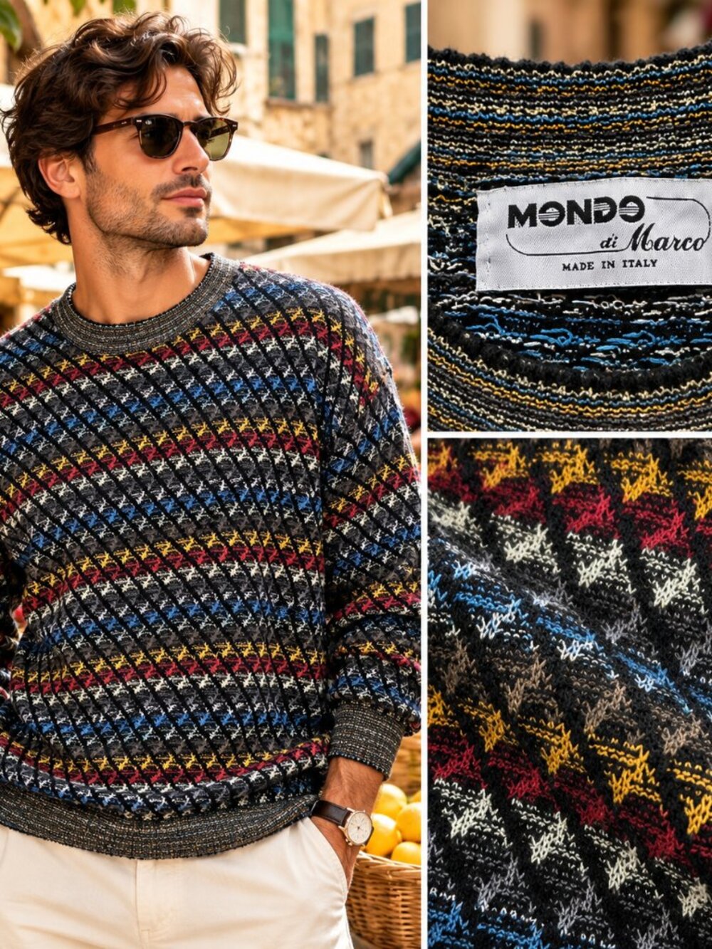 Mondo di Marco Men's L 52 Italian Knit Sweater Multicolor Coogi Inspired Retro